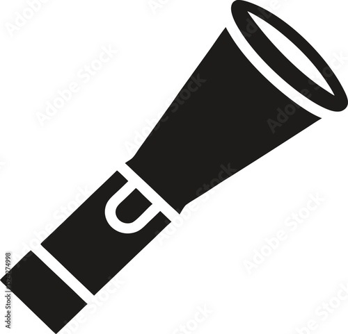 "Flashlight icon in black silhouette, pointed slightly downward, vector"



