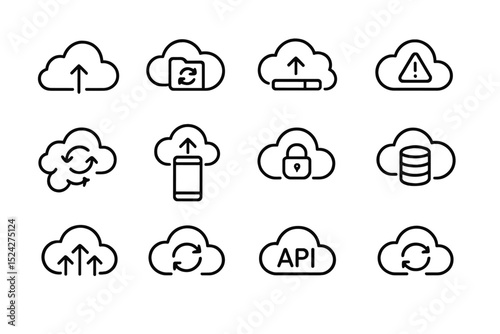 Cloud computing icons set: upload, sync, api, security, database