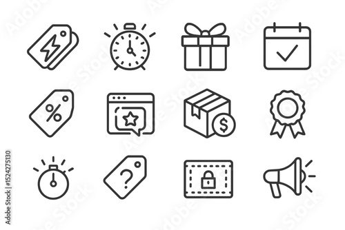 Set of 12 e-commerce and marketing icons in linear style on gray background