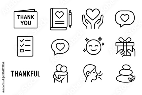Gratitude icons set: thank you card, heart, smiley, gift, zen stones