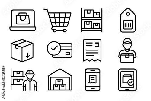 E-commerce icons: shopping cart, packaging, payment, and delivery