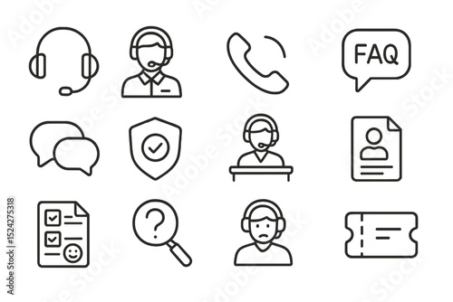 Call center icons set including headset, faq, and support symbols