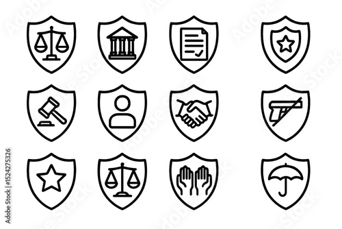 Icons of law and order: justice, judgment, protection, safety, legal concepts