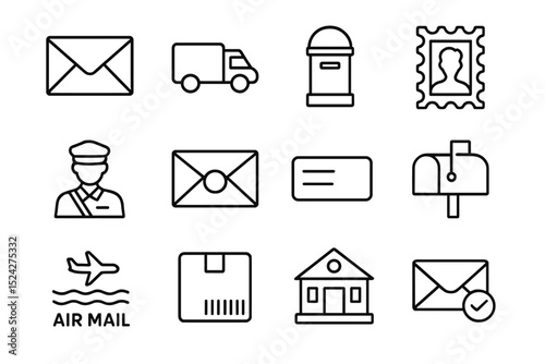 Mail and delivery icons featuring envelopes, packages, and postal symbols