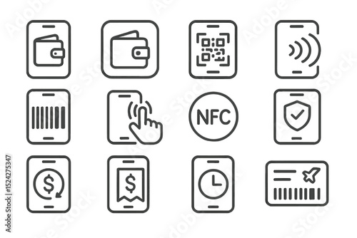 Digital payment and security icons set featuring nfc and qr code