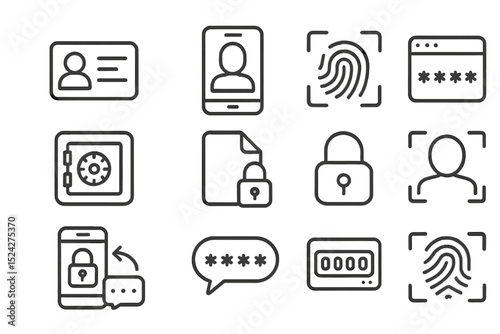 Digital security icons set featuring locks and fingerprints on metallic background
