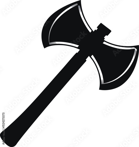 "Minimalist black silhouette of a double-headed axe with a straight handle, clean vector style on a transparent background, bold and simple design."
