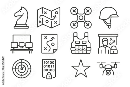 Military strategy icons - drone, map, helmet, knight, armor, radar, star