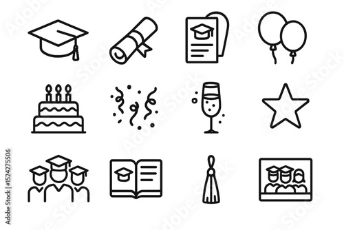 Graduation celebration icons featuring cap, diploma, and cake