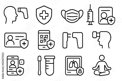 Health icons set: mask, vaccine, test, meditation, telemedicine, protection