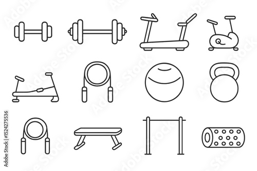 Gym equipment icons set: dumbbells, treadmills, kettlebell, jump rope, exercise ball