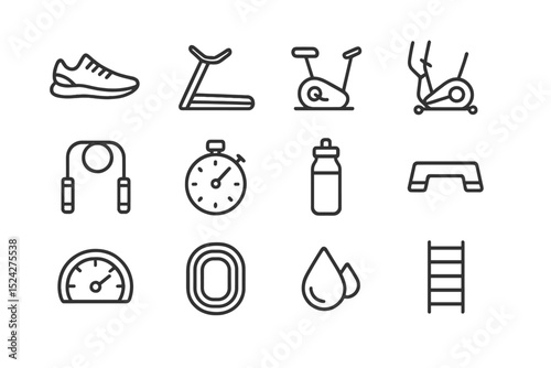 Fitness equipment icons: shoes, treadmill, stopwatch, step, ladder