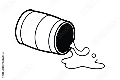 Tipped wooden barrel spilling liquid line drawing illustration
