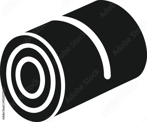 Sleeping bag icon, rolled up in vertical shape, black silhouette vector.
