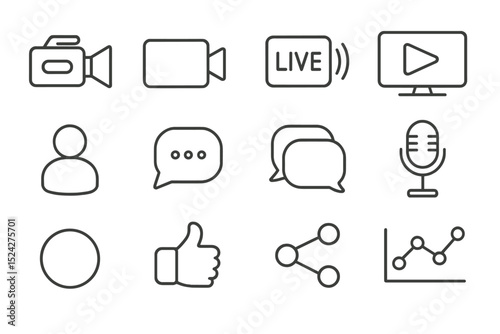Media icons set: video, live, chat, microphone, share, analysis symbols
