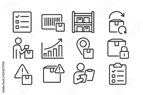 Inventory management icons on dark background showing various storage processes