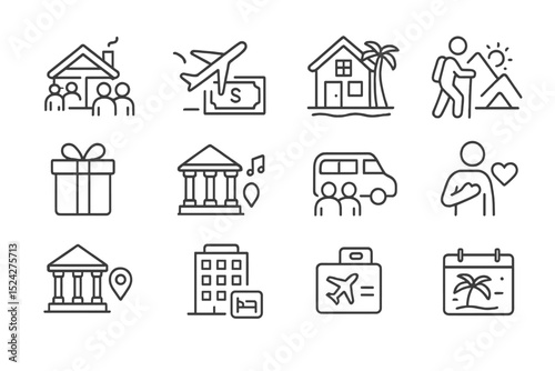 Travel and leisure icons featuring vacation, transportation, and accommodation