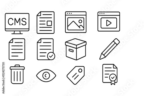 Content management icons: cms, documents, media, and tools on gray background