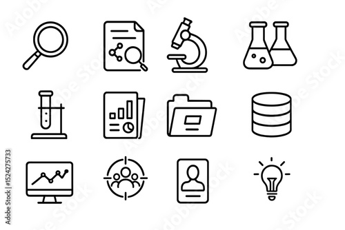 Science and research icons with magnifying glass microscope and test tubes