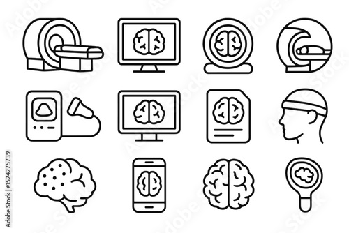 Medical brain imaging icons - mri, ct, brain scan, ai, neurology, healthcare