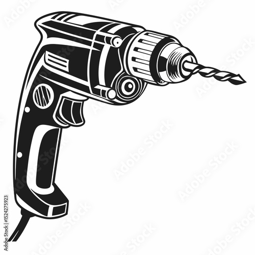 Black and white vintage electric drill illustration