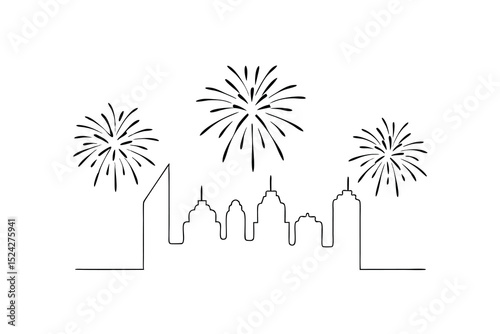 Cityscape fireworks line drawing simple minimalist design