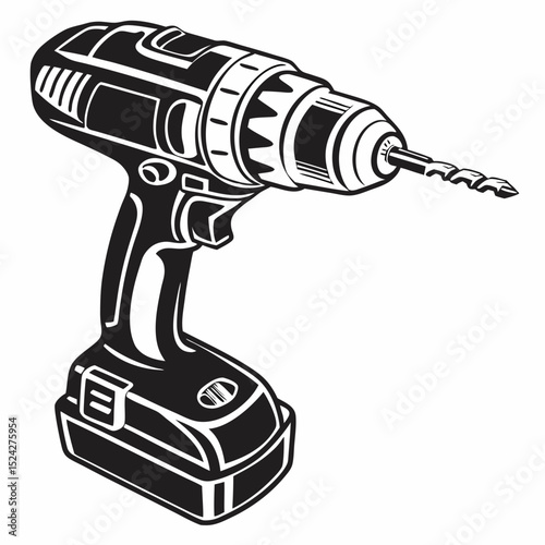 Cordless drill power tool black and white illustration