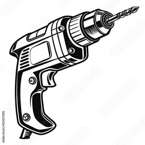 Vintage black and white electric drill illustration