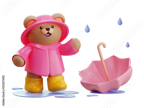 PSD 3D Cute Bear in a pink raincoat and red rain boots and pink umbrella
