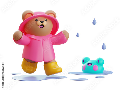 PSD 3D Cute Bear in a pink raincoat and red rain boots and green frog
