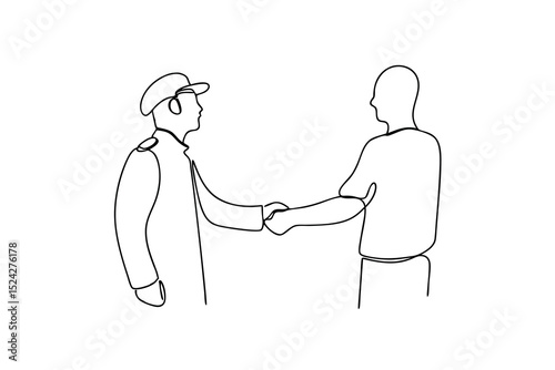 Continuous line drawing two men shaking hands