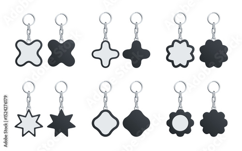 PSD 3D Render Collection of Key charms on a silver chain stars flowers organic shapes