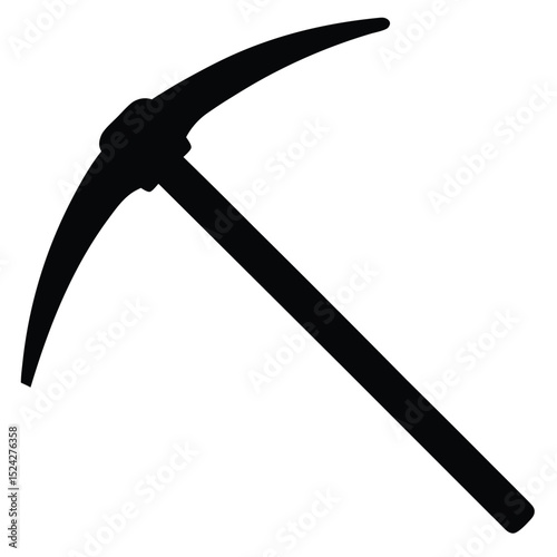Silhouette of a Classic Pickaxe Tool with Wooden Handle on White Background