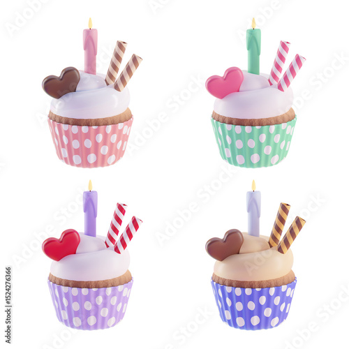 3D Render Pink Birthday Cupcakes with frosting Chocolate Pink Heart and Lit Candles and Cookies