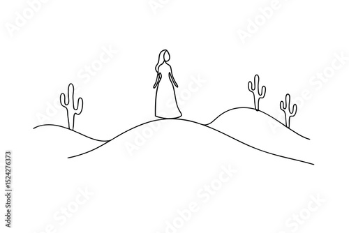 Woman in dress standing on desert hilltop line drawing