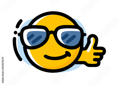 Smiling yellow emoji wearing black sunglasses giving a thumbs up isolated on transparent background