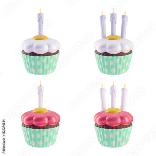 3D Render White and Red Daisy Flower Birthday Cupcakes with frosting and Lit Candles