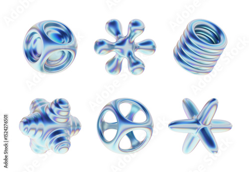 PSD 3D render set of glossy chrome glass abstract shapes