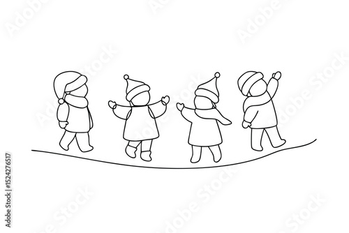 Cute winter children line drawing happy snow day