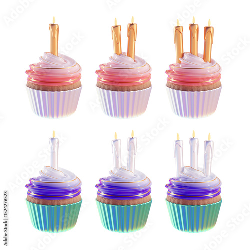3D Render Delicious Mint Green Pink and Purple White Birthday Cupcakes with White Lit Candles Glossy 3D
