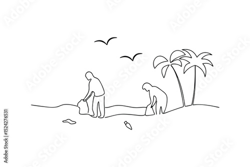 Beach cleanup volunteers line drawing tropical scene