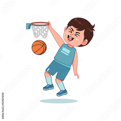 Cute Little Boy Cartoon Playing Basketball Slam Dunk Score
