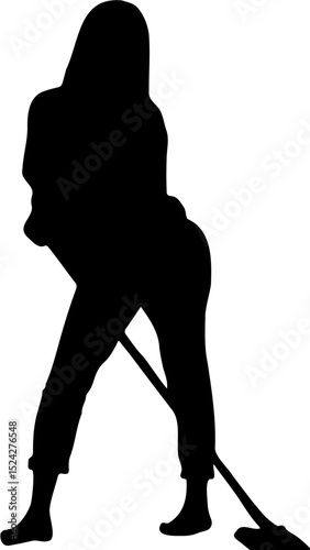 silhouette of office girl mopping the office floor