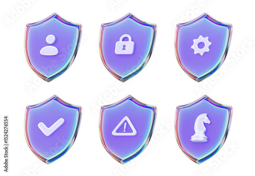 PSD 3D render set of purple glass shields with white icons lock gear check chess