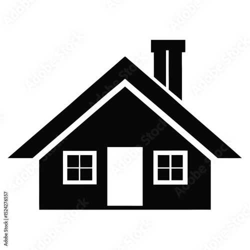 Simple Black and White House Icon with Chimney and Windows Illustration Design