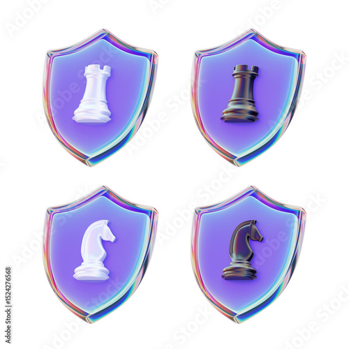 PSD 3D render set of purple glass shields with chess figures pawn knight rook tower