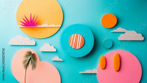 Colorful abstract composition featuring geometric shapes and tropical elements on a blue background