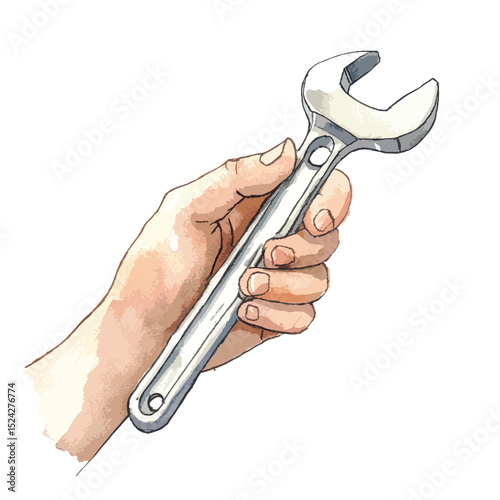 Watercolor Hand Holding a Silver OpenEnd Wrench Tool at an Angle