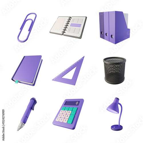 3D Rendered Purple Stationery Set School Office Supplies Icons