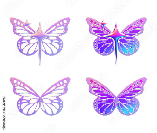 3D Render Set Pink Iridescent Holographic Butterflies Faries with Metallic Glossy Wings and Stars